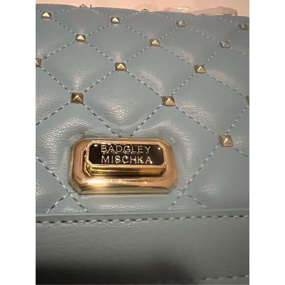 NWT Badgley Mischka quilted blue gold studded crossbody bag with chain strap, 10 - Picture 5 of 6